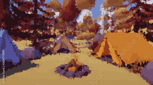 Orange tent and campfire in forest camping nature