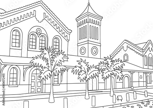 Wallpaper Mural Coloring page of historic building with tower and palm trees outline Torontodigital.ca