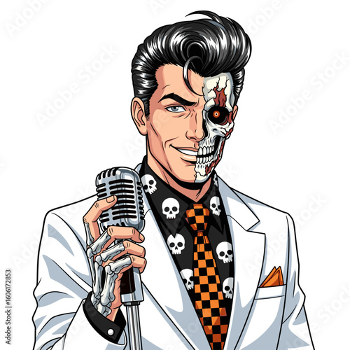 Vintage horror singer with skull face and microphone vector illustration