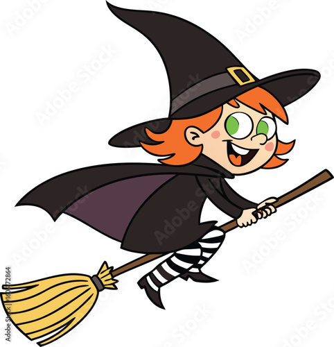  cartoon witch with long white hair flying on a magic broomstick. Halloween character vector illustration isolated on a white background.