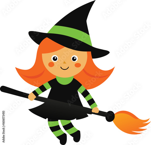  cartoon witch with long white hair flying on a magic broomstick. Halloween character vector illustration isolated on a white background.