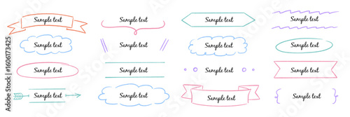 Text box hand drawn banner, frame set. Hand style brush stroke, rustic banner, cute tag, label, ornament and highlight. Graphic text shape, headline badge decoration elements. Vector illustration