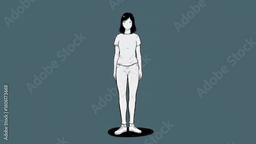 Full-body sketch of a woman in a t-shirt and jeans against a solid blue-gray background