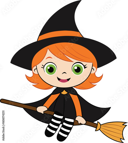  cartoon witch with long white hair flying on a magic broomstick. Halloween character vector illustration isolated on a white background.