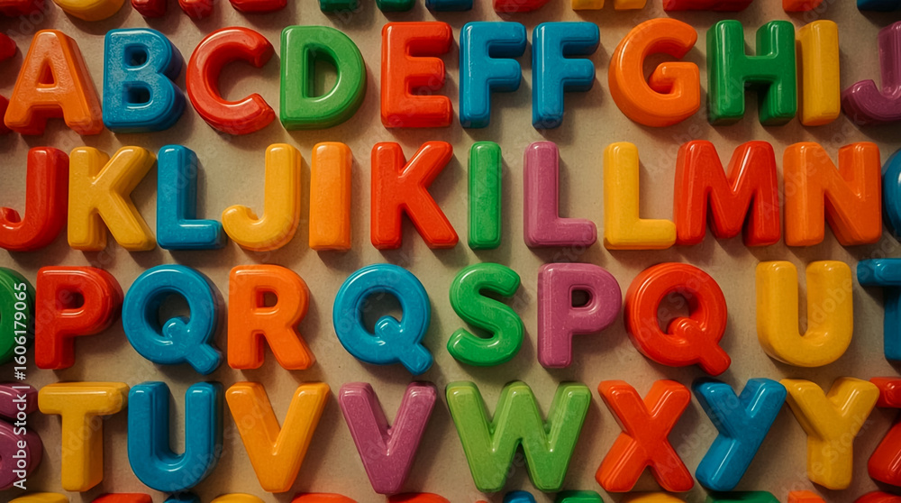 Fototapeta premium This close-up image displays a full set of English alphabet letters each in a distinct bright color They are arranged in neat rows ready for learning and play