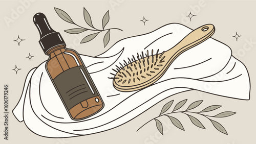 Hair care product oil bottle and wooden hair brush for healthy hair growth and beauty routine concept