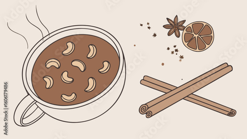 Delicious indian kheer recipe illustration with cashews cinnamon and star anise for food blog and social media