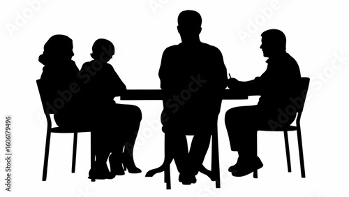 Silhouette of four people sitting around a table in a meeting with one person taking notes at the table