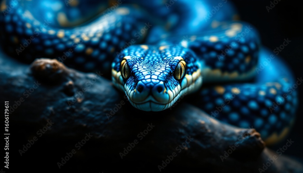 Fototapeta premium Majestic Blue Tree Python Close Up Stunning Reptile Portrait Scales Wild Animal
