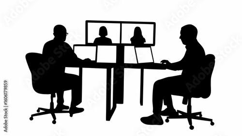 Silhouetted figures in a virtual meeting with two participants visible on the computer screens and desks