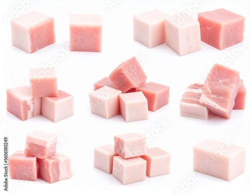 Various cubes of pink ham displayed on a white background, ideal for culinary, food styling, and presentation themes.