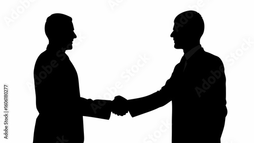 Silhouette of two businessmen shaking hands against a white background showing a business agreement deal