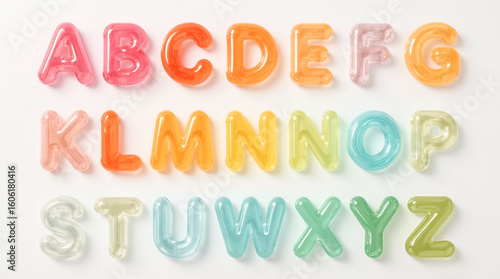 A playful and colorful arrangement of gummy alphabet letters from A to Z displayed in three rows Each letter is translucent and brightly colored creating a visually appealing educational display