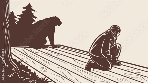 Bear encounter illustration man in woods with bear shadow on deck in forest vector graphic design