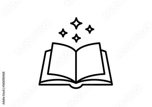 Minimalist black outline icon of an open book with magical elements above it