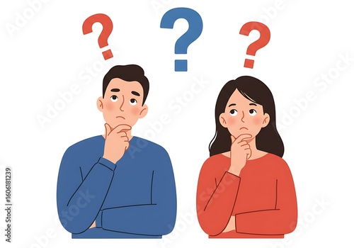 Cartoon of man and woman thinking with question marks above their heads