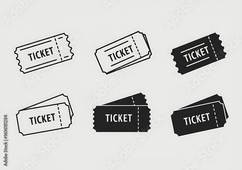 A collection of six vector ticket icons in different styles and arrangements