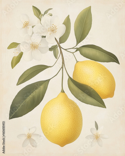 Yellow Lemon Fruit and Lemon Flowers, watercolor illustration