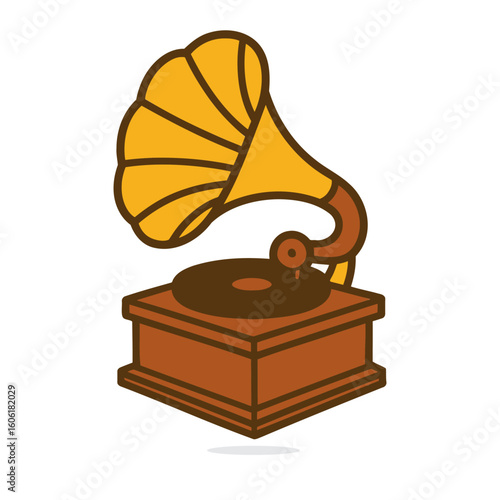 Illustration of a vintage gramophone with a horn and turntable.