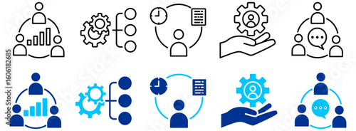 Team Collaboration, Process Management and Communication Icon Set - Outline and Duotone 