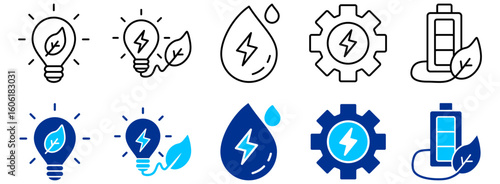 Green Energy, Hydropower and Sustainable Battery Solutions Icon Set - Outline and Duotone 