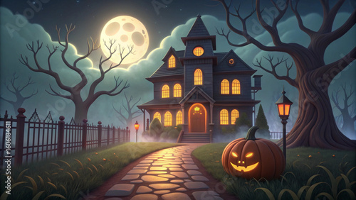 Halloween Night Cartoon Haunted House Jackolantern Pathway