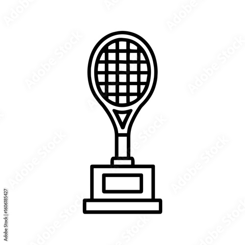 Tennis racket trophy icon in black outline style – symbol of grand slam triumph