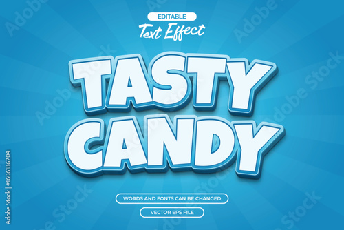 Tasty candy editable text effect with 3d text style and with blue comic background