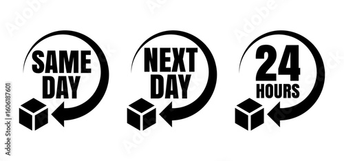 Same Day, Next Day, 24 Hour Delivery Icons – Fast Shipping Symbol Set