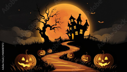 Halloween Night Spooky House Jack O Lanterns Orange Moon