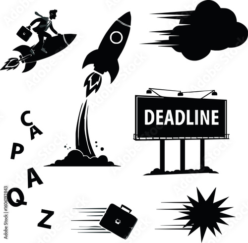 Silhouette of a businessman riding a rocket, a rocket launching, a deadline billboard, speeding briefcase, and abstract motion elements.