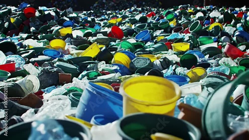 Piles of colorful plastic containers, bins, and debris form a massive heap