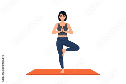 Yoga pose woman practicing balance on mat for relaxation and fitness