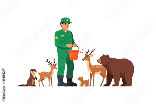 Wildlife ranger feeding animals in natural setting