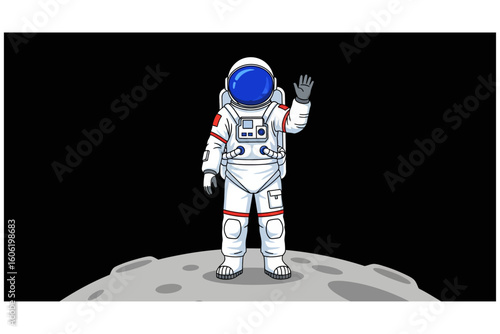 Astronaut standing on moon surface waving