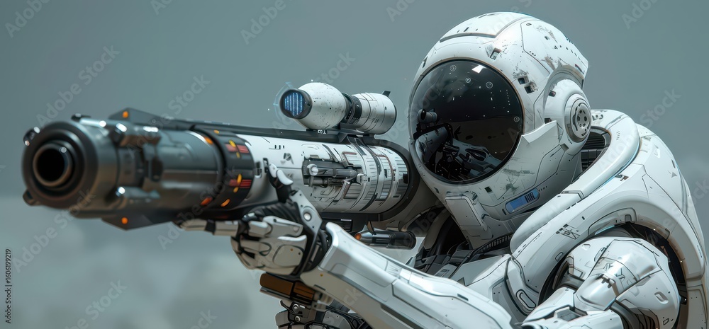 Fototapeta premium A futuristic astronaut aiming a high-tech weapon in a sci-fi setting.