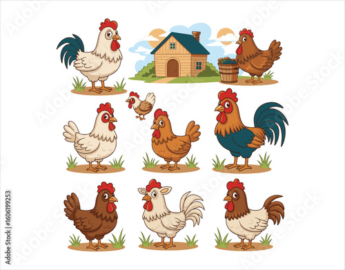 Set of cute farm poultry, showcasing a hen and rooster in a cartoon design, represented as vector illustrations for agricultural use.
