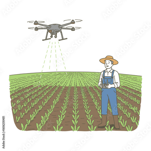 A farmer using a remote control to operate a drone for precision agriculture, scanning crops in a field. Modern farming technology.