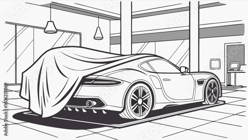 Unveiling luxury car at dealership showroom with cover sheet automotive design and modern interior