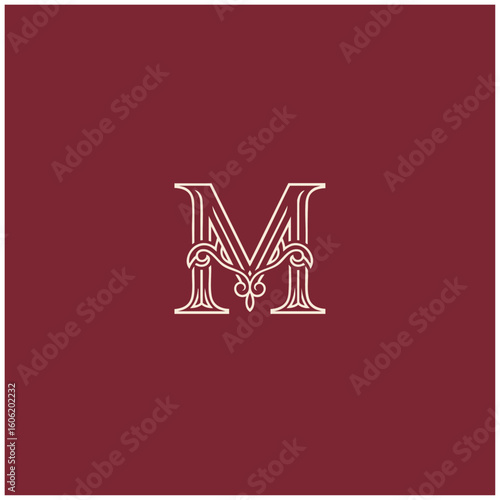 A "M" monogram vintage fashion typography logo, text, ornament, baroque style, design, alphabet