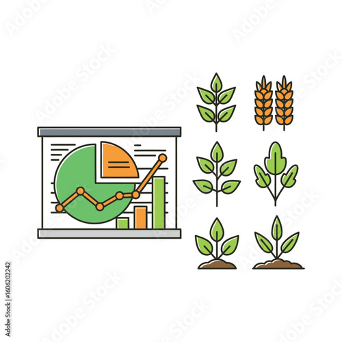 Agricultural analytics illustration depicting sustainable farming insights, plant growth metrics, and crop yield trends for optimized agribusiness management.
