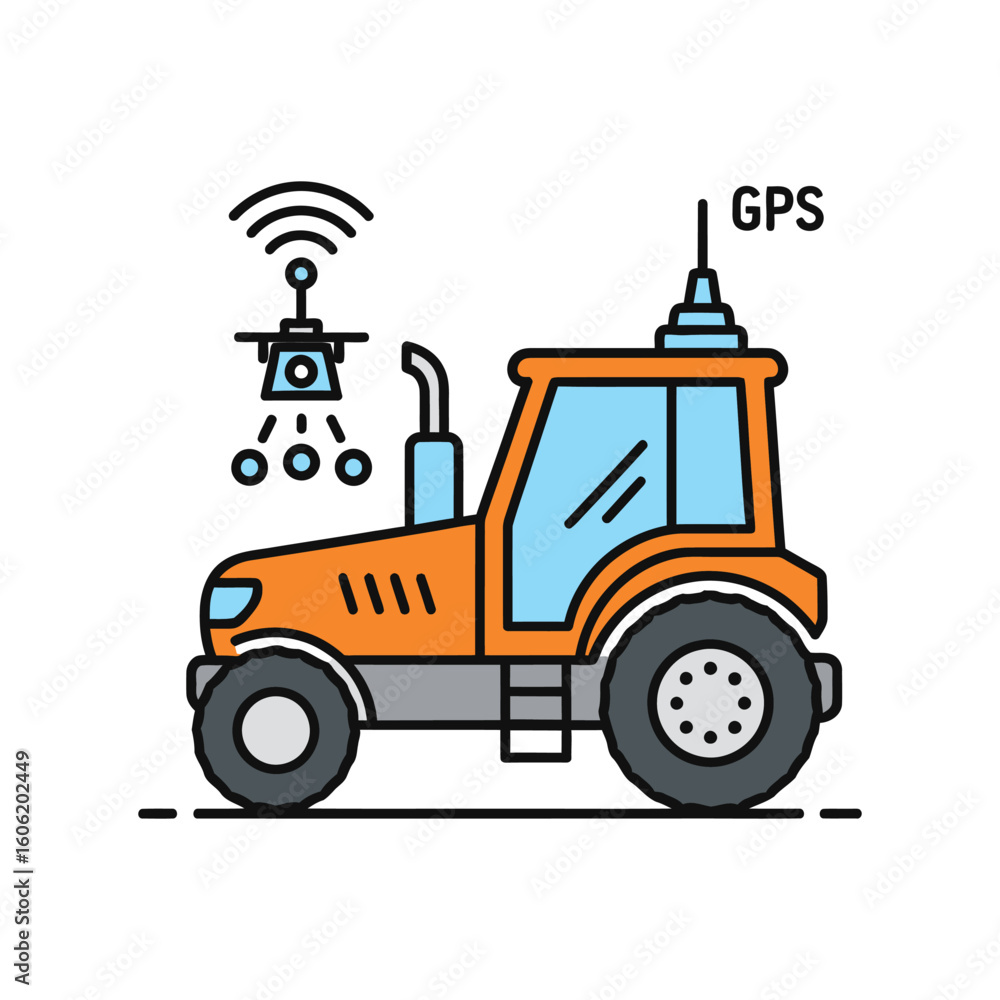 Naklejka premium Modern agricultural technology with a GPS-equipped tractor and flying drone for crop monitoring. Line art icon for smart farming concept.