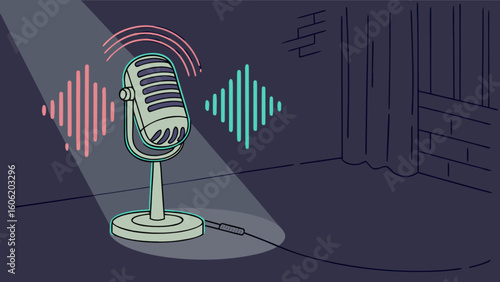Vintage microphone recording studio broadcasting audio podcasting voice over equipment sound waves illustration