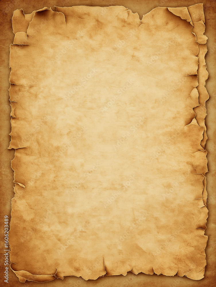 Fototapeta premium A close up of a tan parchment paper with torn edges on a brown backdrop