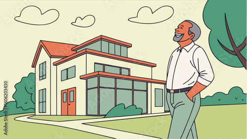 Happy homeowner enjoying modern house design and property investment success in a peaceful neighborhood