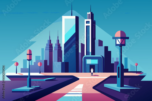 Stylized cityscape with modern architecture and a lone figure