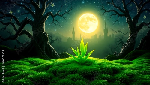 A vibrant green plant under moonlight with trees and a distant castle in the background at night