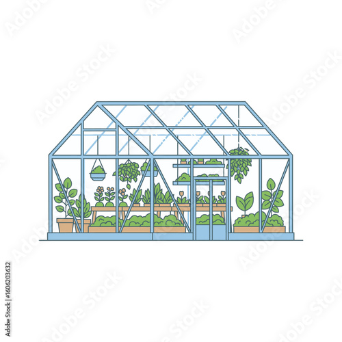 Outline vector illustration of a greenhouse with indoor plants. Glasshouse concept for gardening, horticulture, and modern farming cultivation.