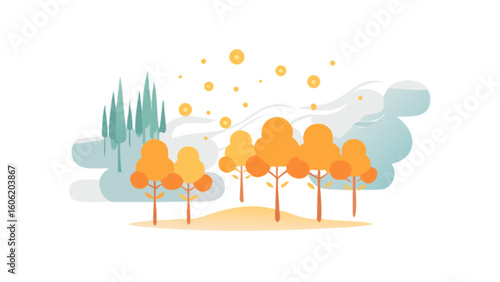 Autumn landscape illustration with trees and falling leaves vector graphic design template free download
