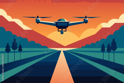 Drone flies over agricultural fields at sunset with mountains